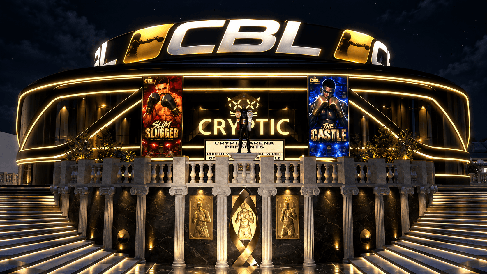 Real Second Life screenshot of the Cryptic Boxing League arena exterior at night