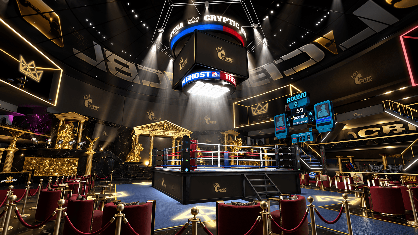 Real Second Life screenshot showing the boxing ring and VIP seating inside Cryptic Arena